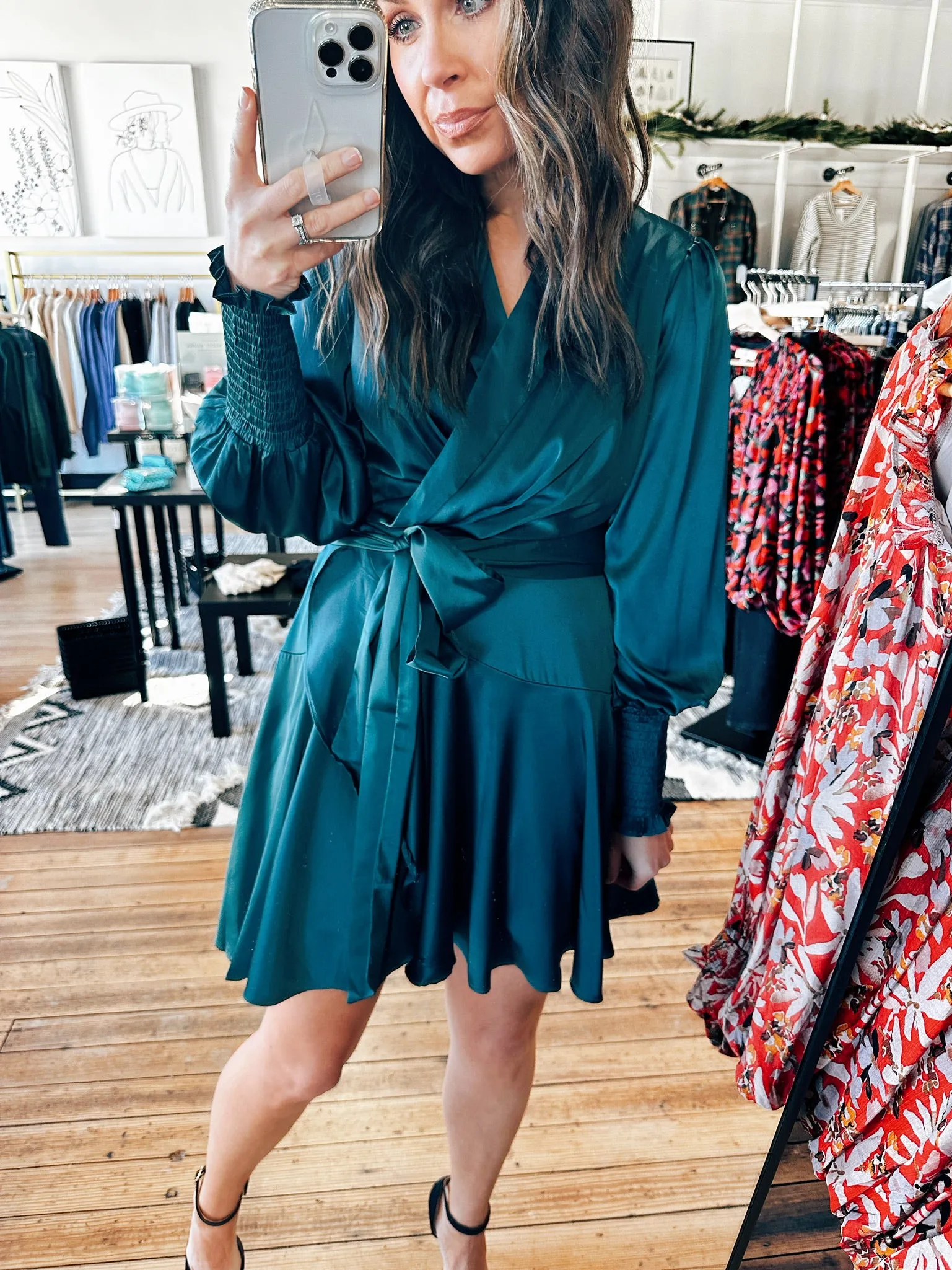 Satin Teal Wrap Dress