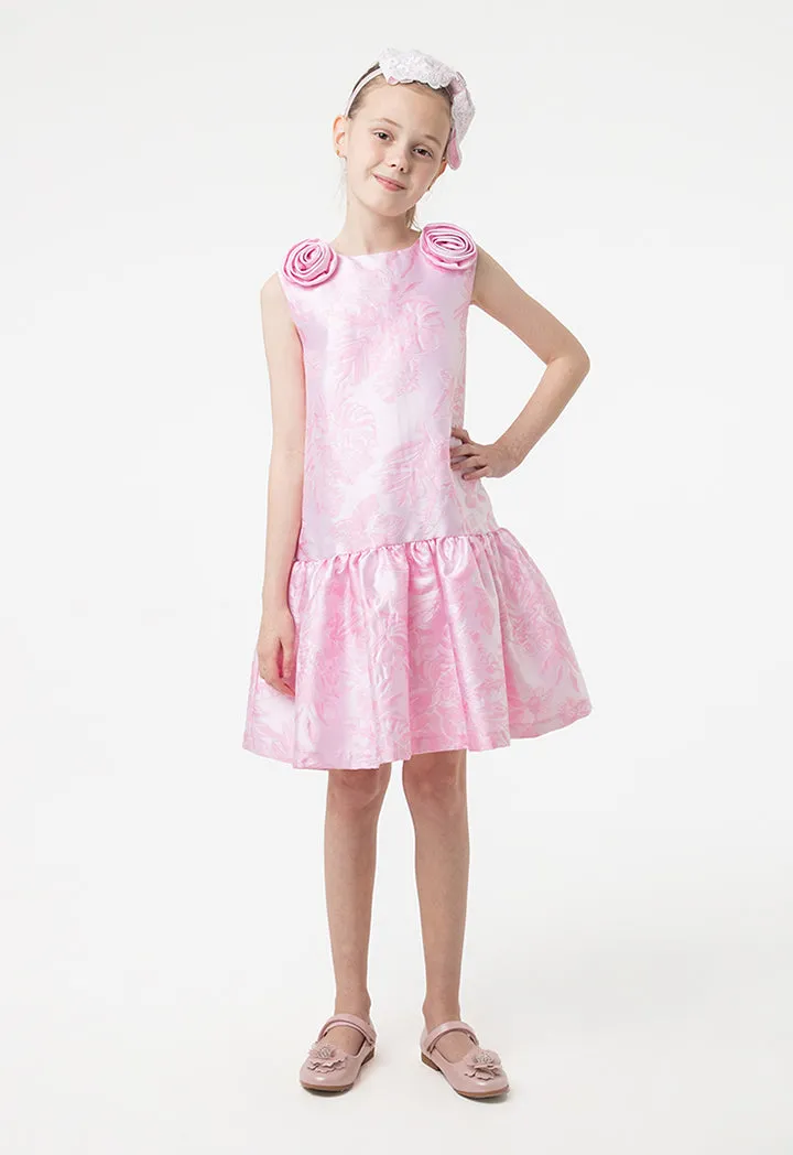 Solid Rose Bud Jacquard Ruffle Dress