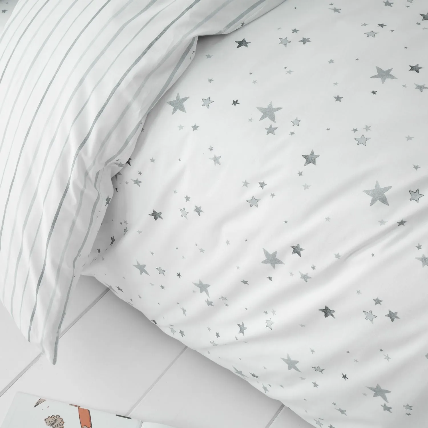 Stars Cotton Duvet Cover Set - Grey/White