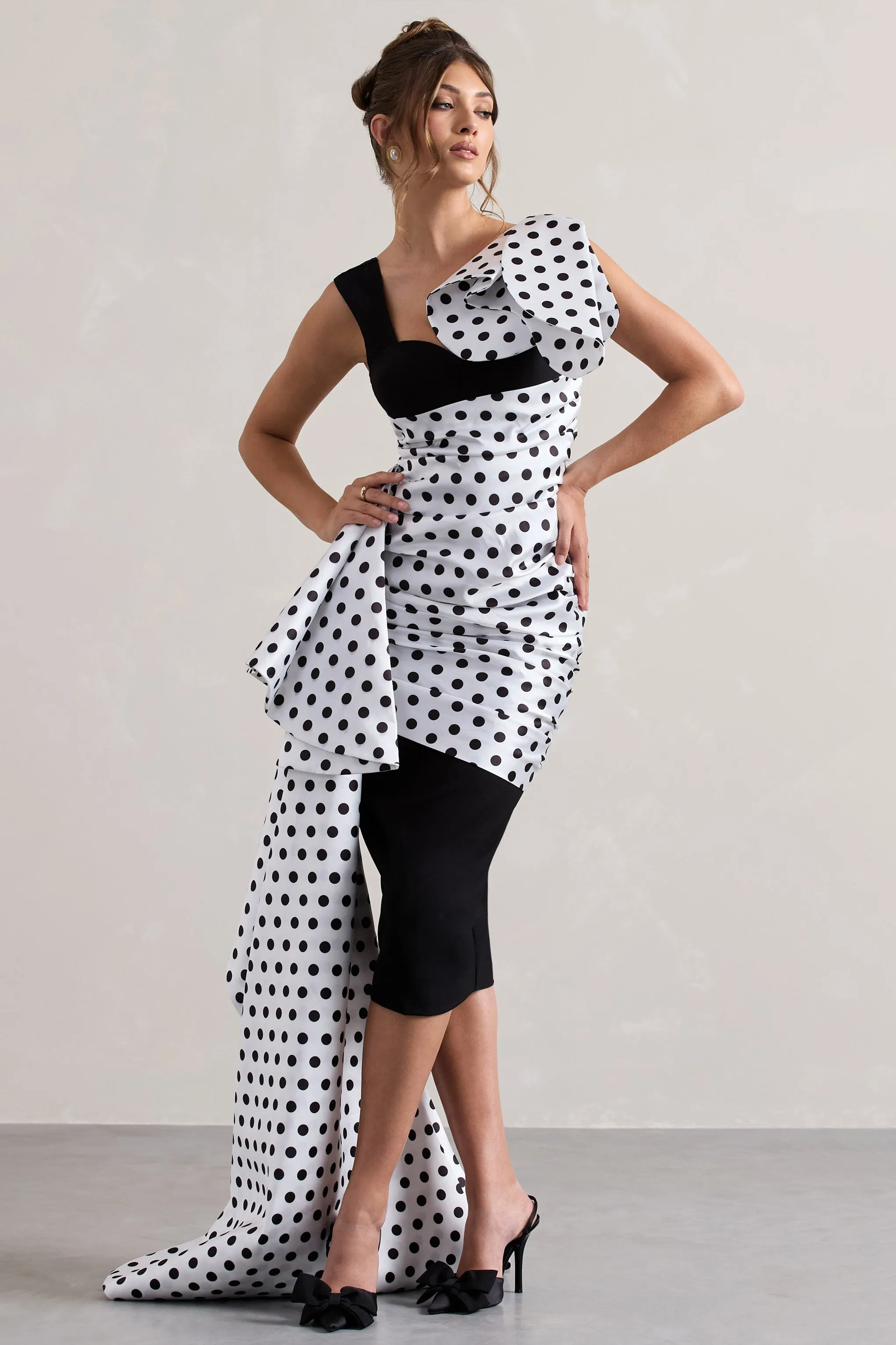 Unattainable | Black Polka Dot Wrap Midi Dress Volume Drape