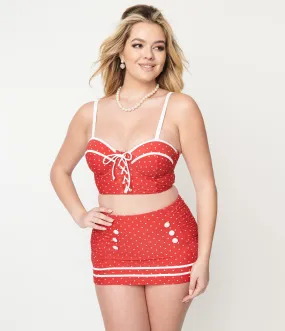 Unique Vintage Red Pin Dot Lace Up Swim Top