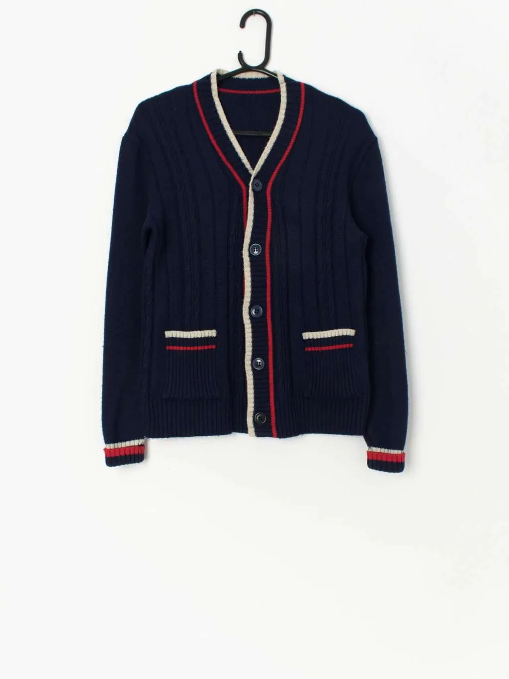 Vintage navy blue preppy cardigan with red and white details – XS / Small