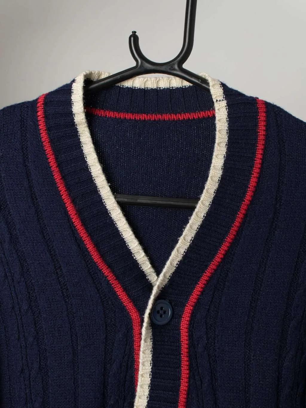 Vintage navy blue preppy cardigan with red and white details – XS / Small