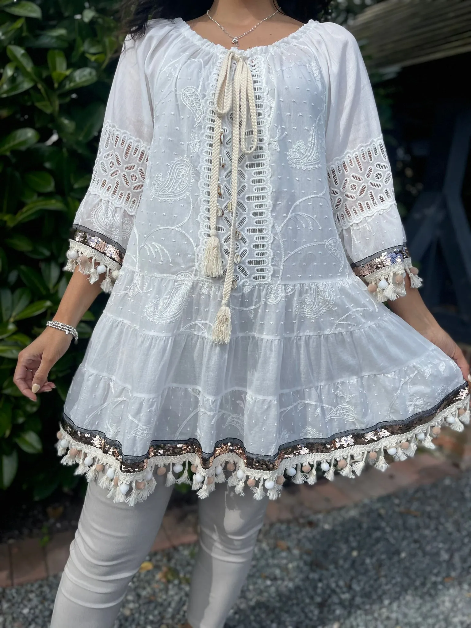 White Luxury Embroidered Shell Tassel Hem Dress Lottie