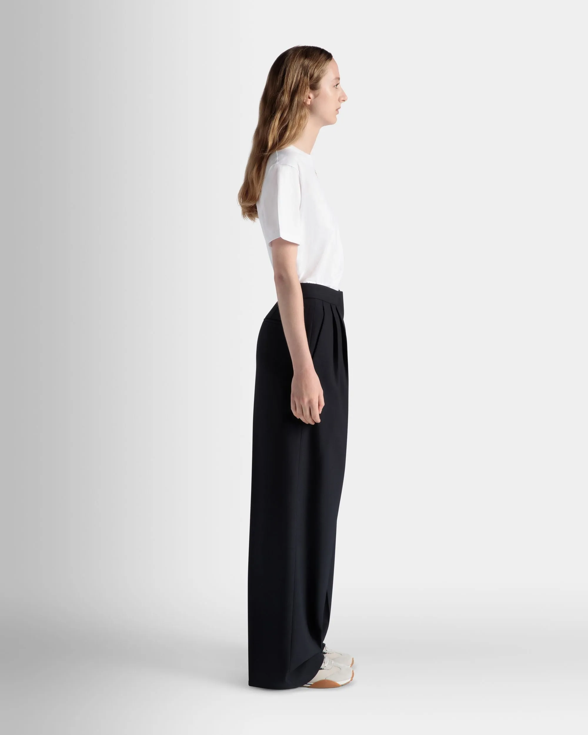 Wide-Leg Pants In Navy Blue Wool Blend 