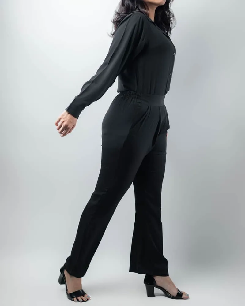 Women’s Cuban Shirt and Wide-leg Pants 2 piece Set in Black | Co-ord Set