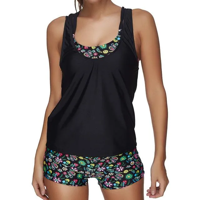 Women's Large Size Black Retro Shorts Push Up Tankini Set Bathing Suit