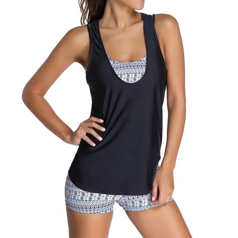 Women's Large Size Black Retro Shorts Push Up Tankini Set Bathing Suit