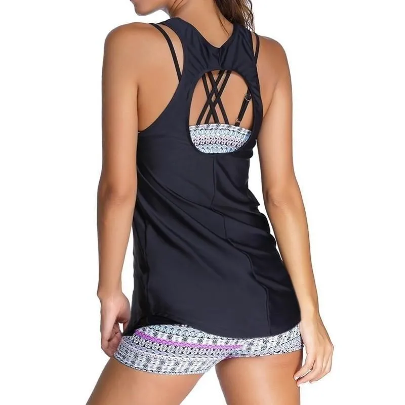 Women's Large Size Black Retro Shorts Push Up Tankini Set Bathing Suit