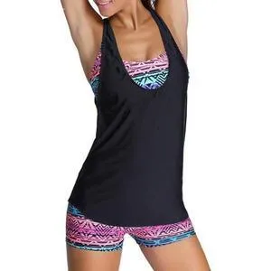 Women's Large Size Black Retro Shorts Push Up Tankini Set Bathing Suit