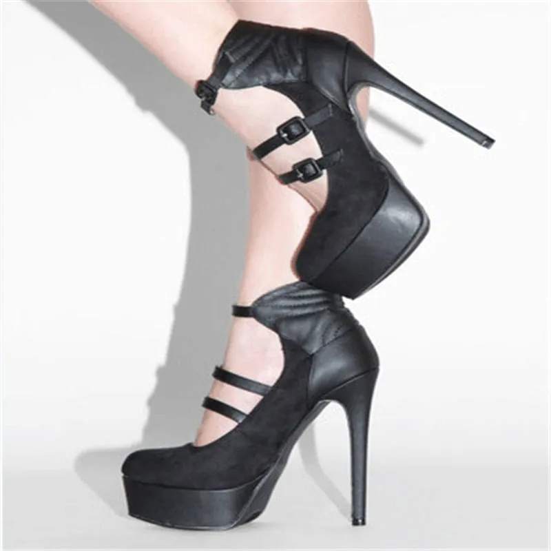 Women's Summer Elegant Buckle Strap Round Toe High Heel Pumps