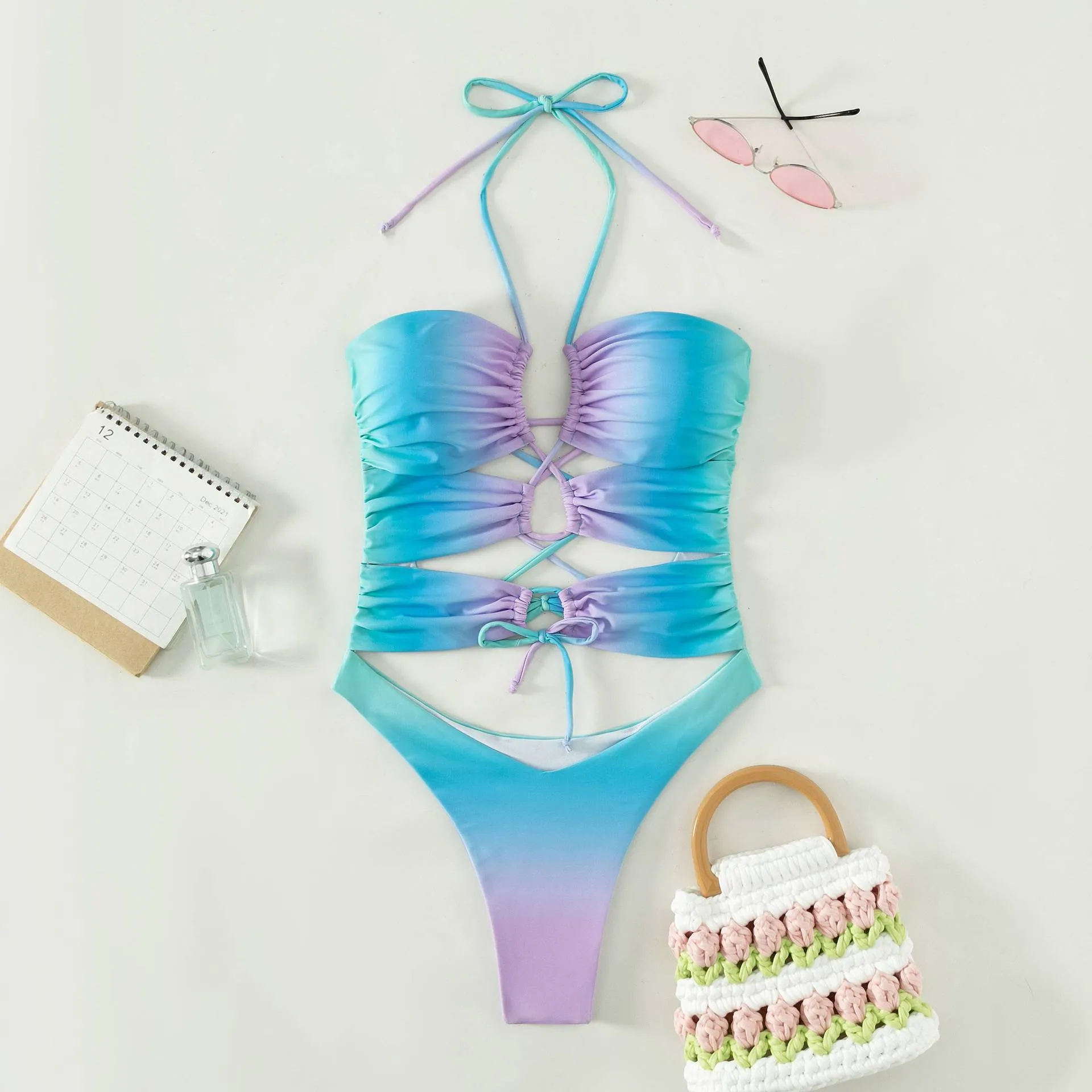 Women's Summer Sexy Gradient Halter Cut-Out Bandage Cross Swimwear