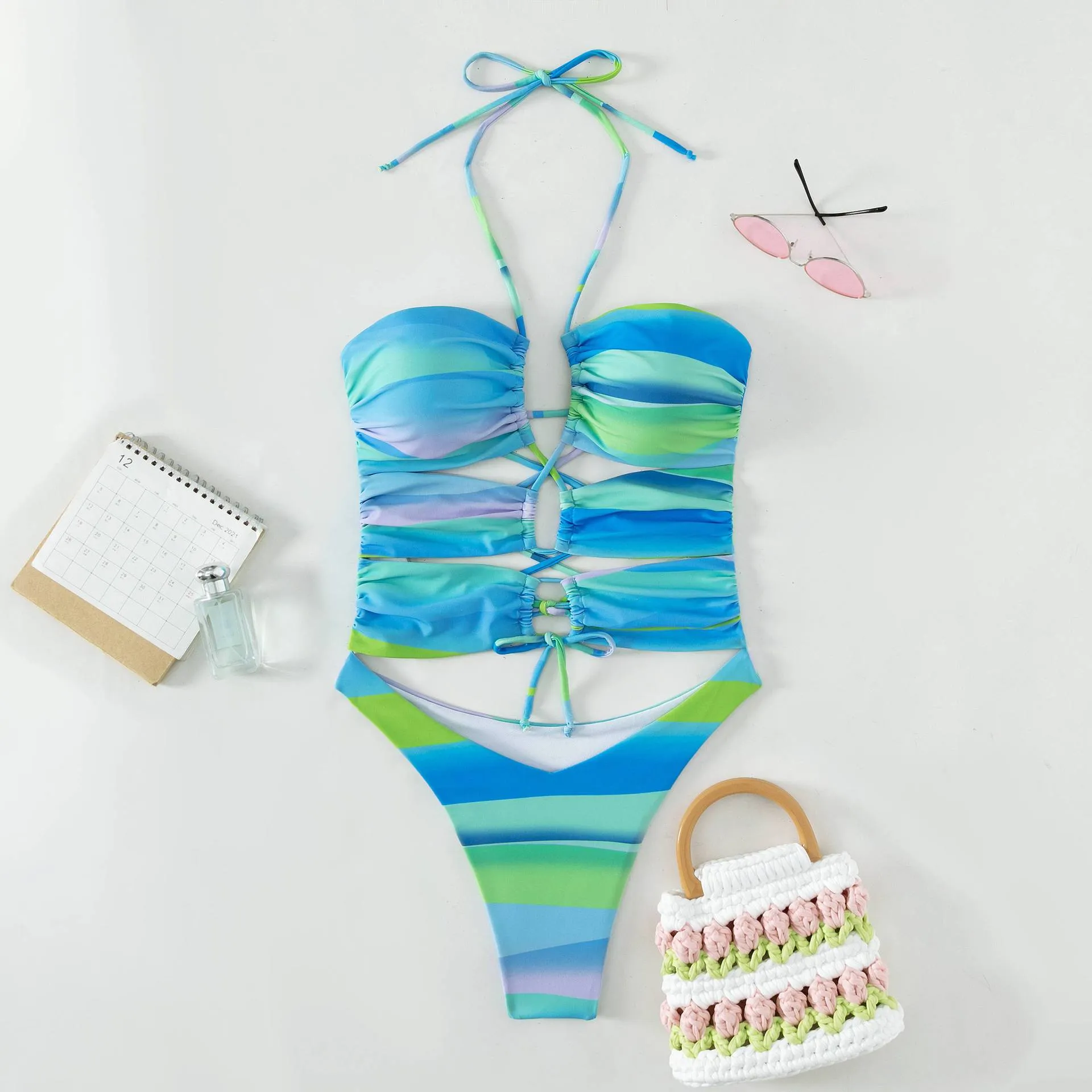 Women's Summer Sexy Gradient Halter Cut-Out Bandage Cross Swimwear