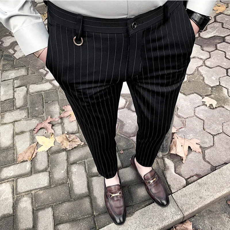 Xituodai Men's Suit Pants Dress Pants New Stretch Slim Straight Black Striped Formal Pants Boutique Fashion Men's Clothing Ankle