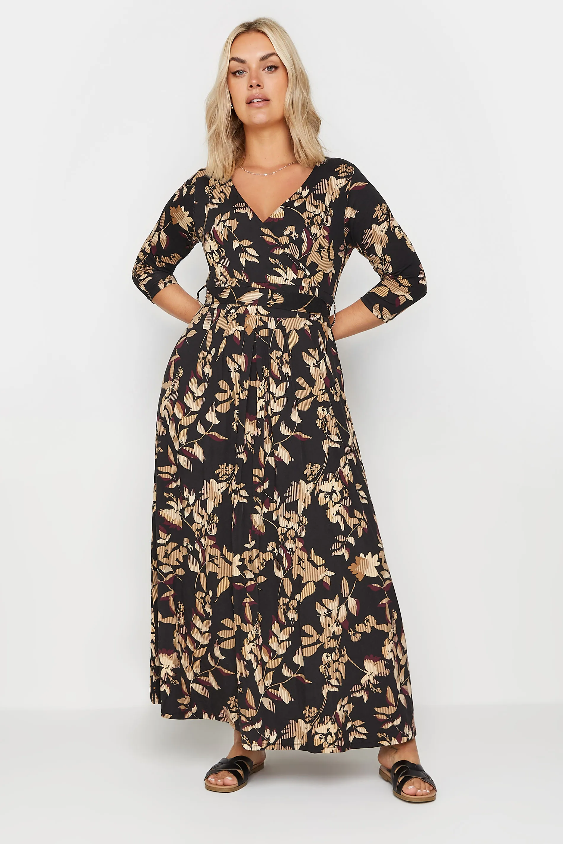 YOURS Curve Black Leaf Print Maxi Wrap Dress