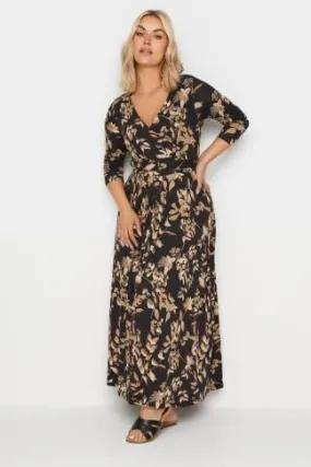 YOURS Curve Black Leaf Print Maxi Wrap Dress