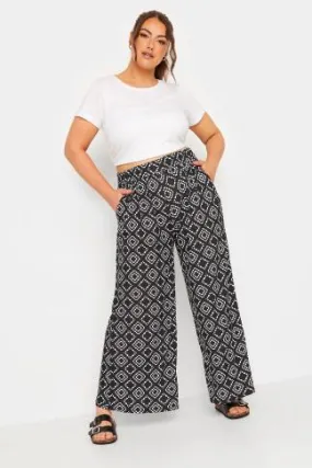 YOURS Curve Black Printed Wide Leg Trouser