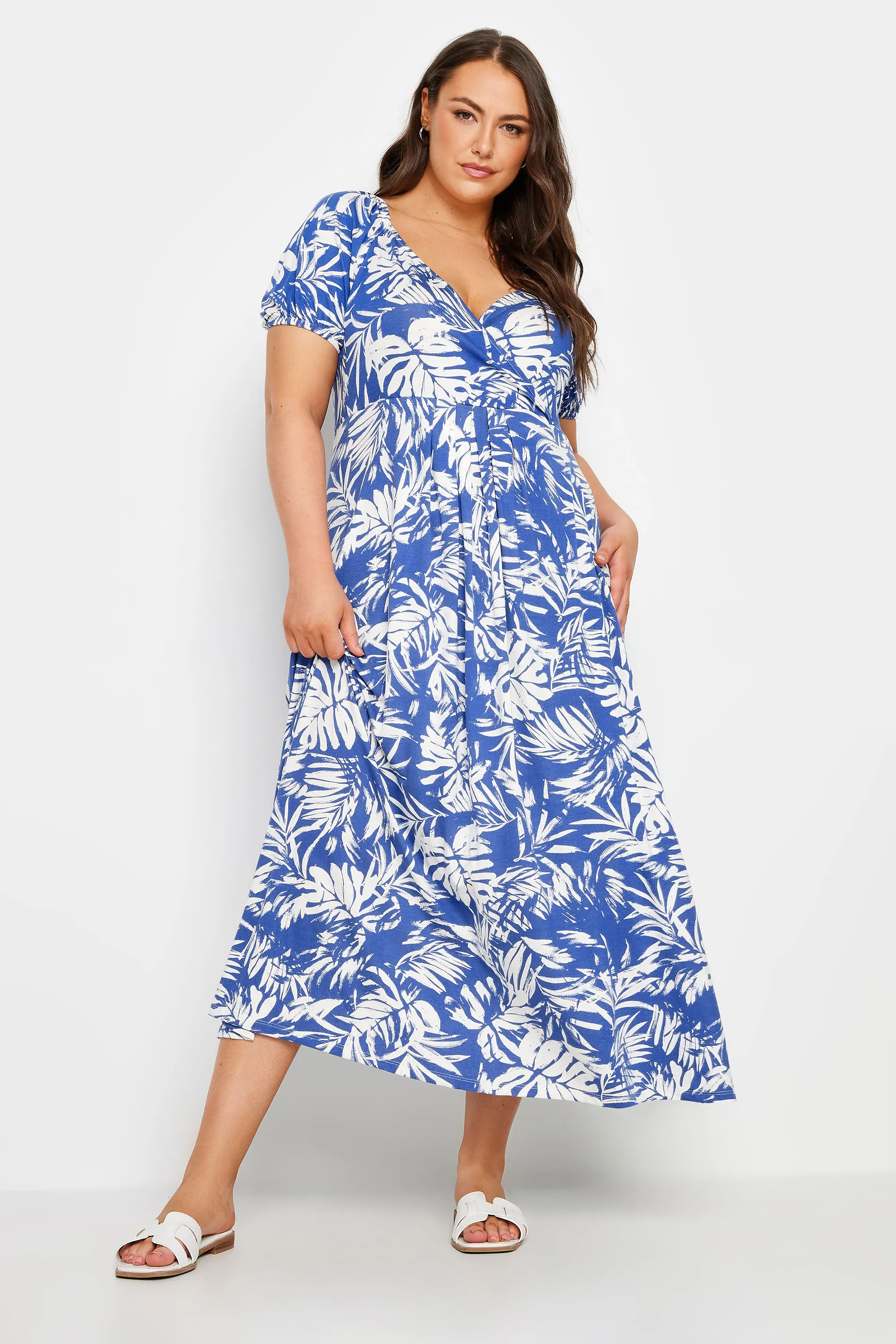 YOURS Curve Blue Leaf Print Wrap Dress