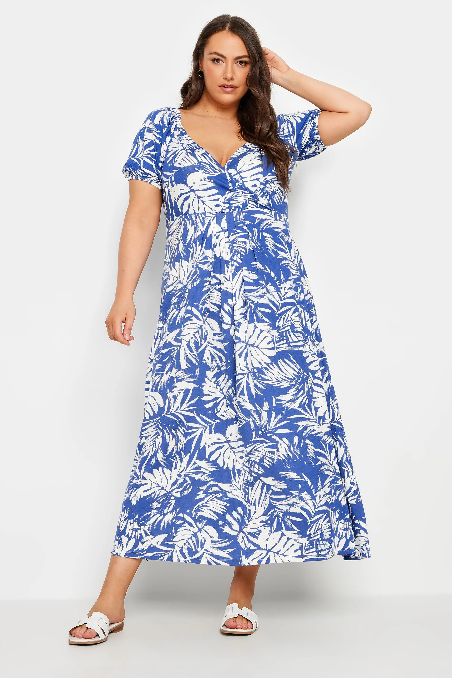 YOURS Curve Blue Leaf Print Wrap Dress