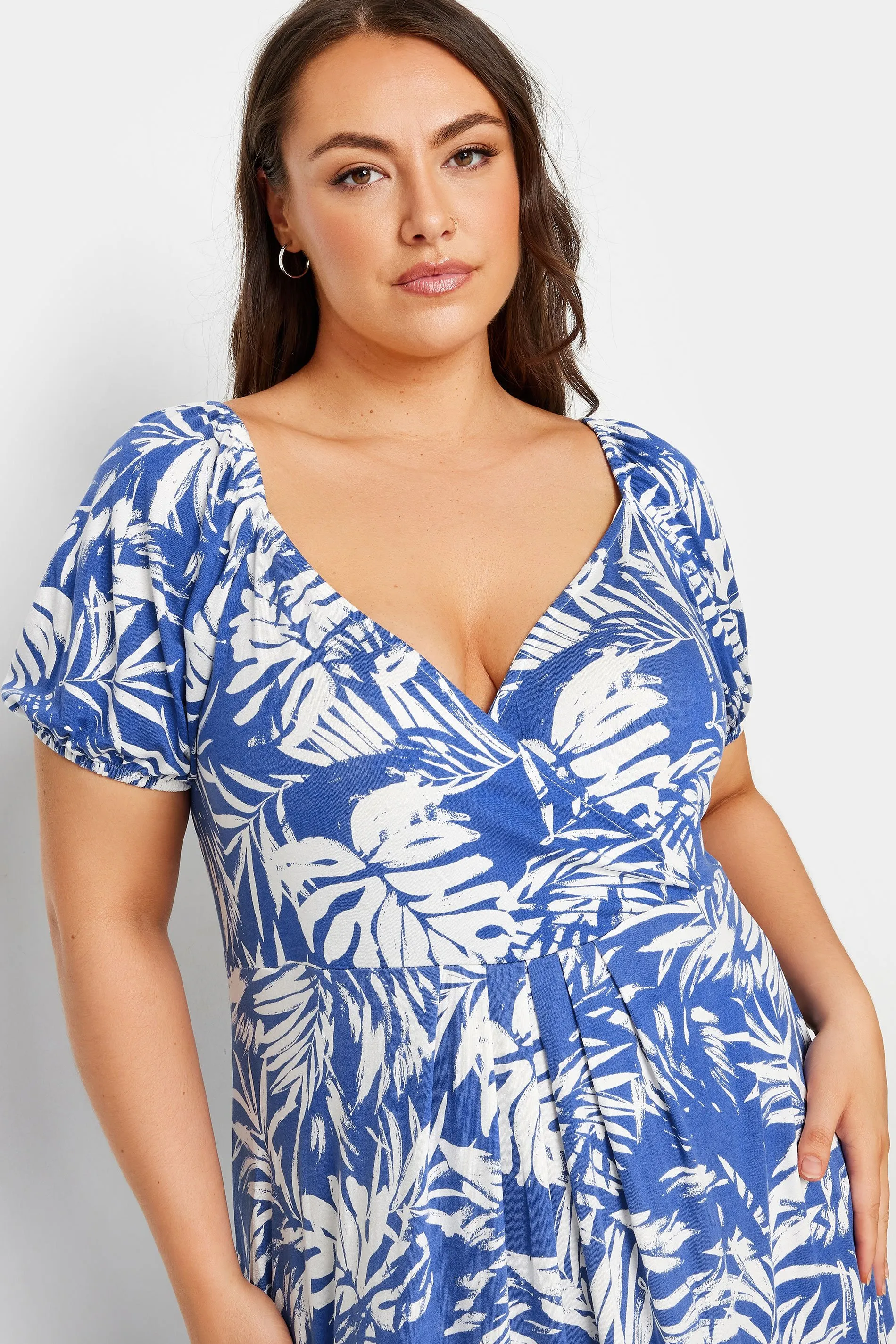 YOURS Curve Blue Leaf Print Wrap Dress