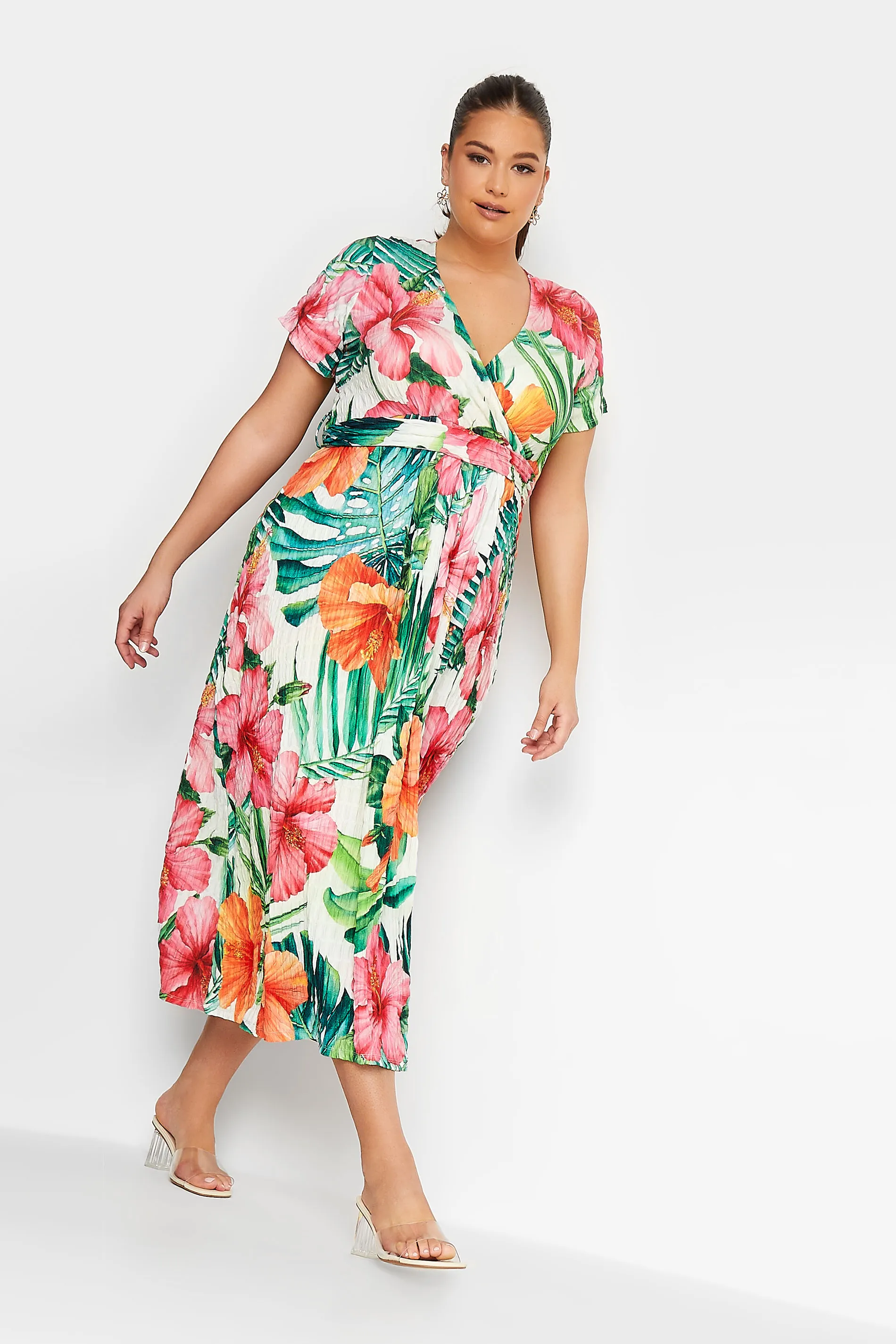 YOURS Curve Green Tropical Floral Print Wrap Dress