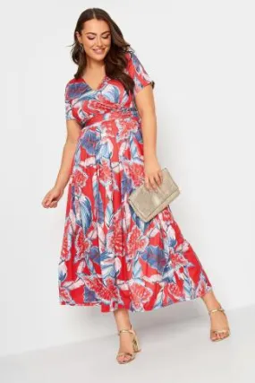 YOURS Curve Red Leaf Print Maxi Wrap Dress