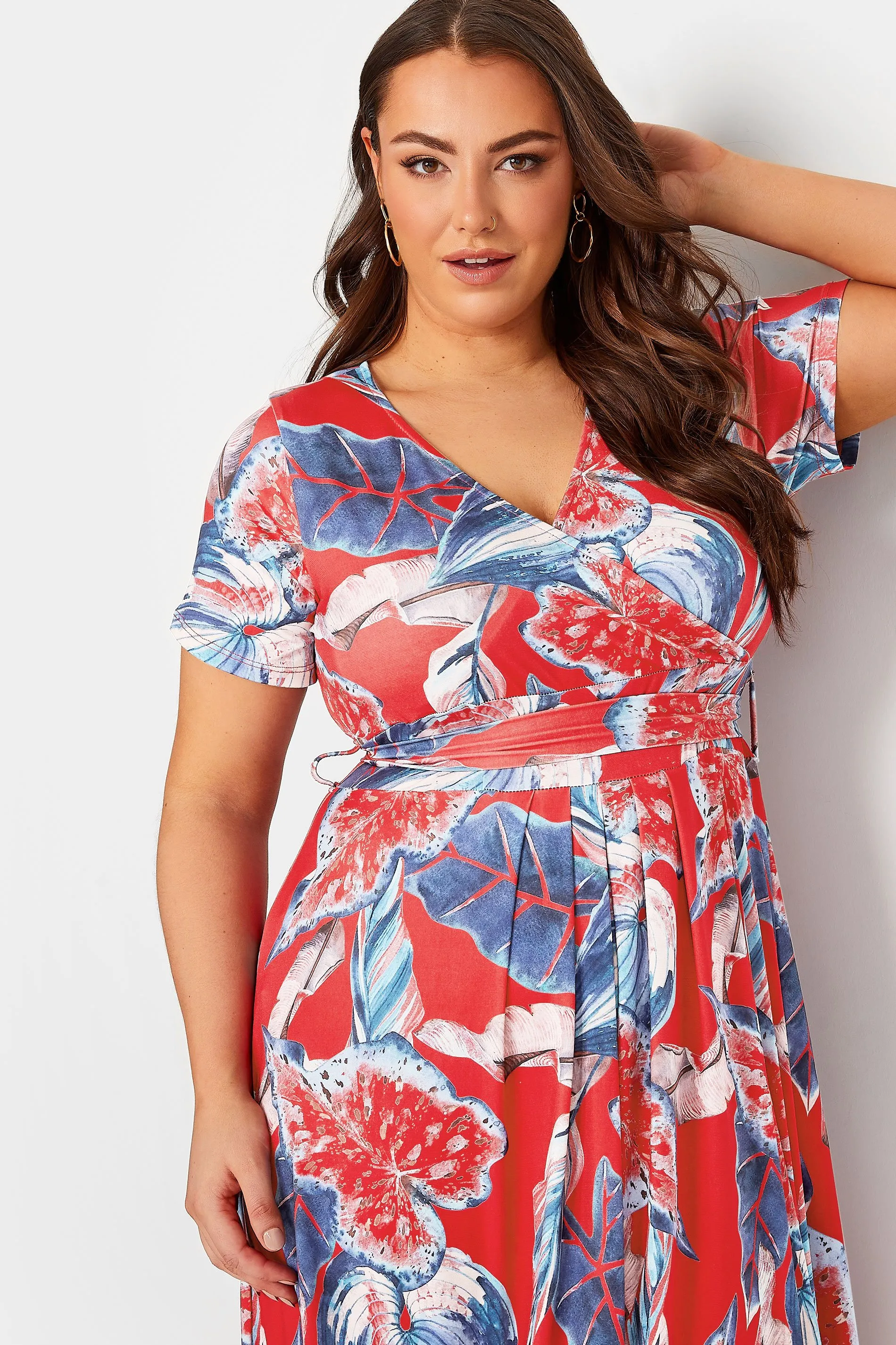 YOURS Curve Red Leaf Print Maxi Wrap Dress