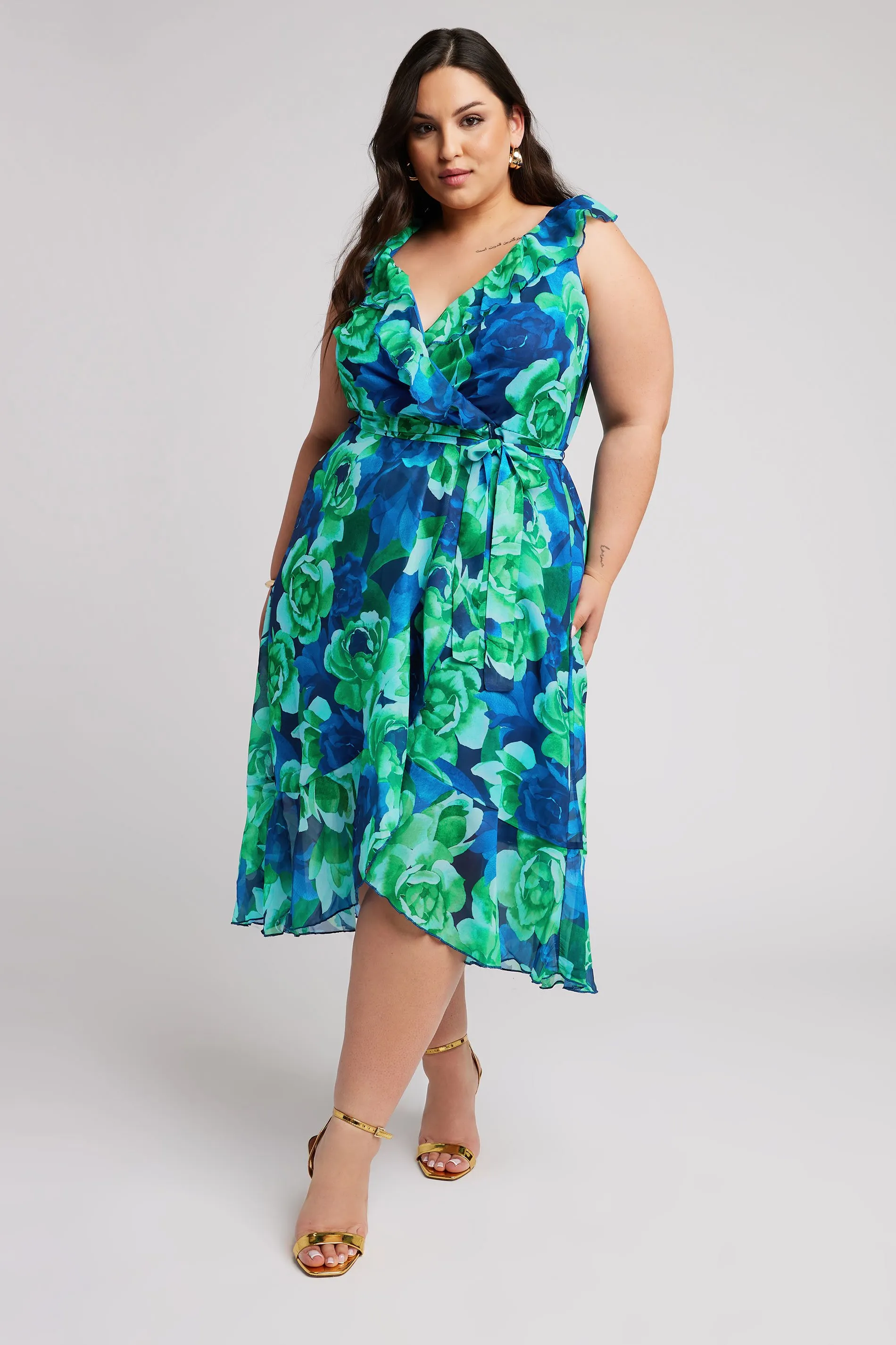 YOURS LONDON Curve Green Floral Print Ruffle Wrap Dress