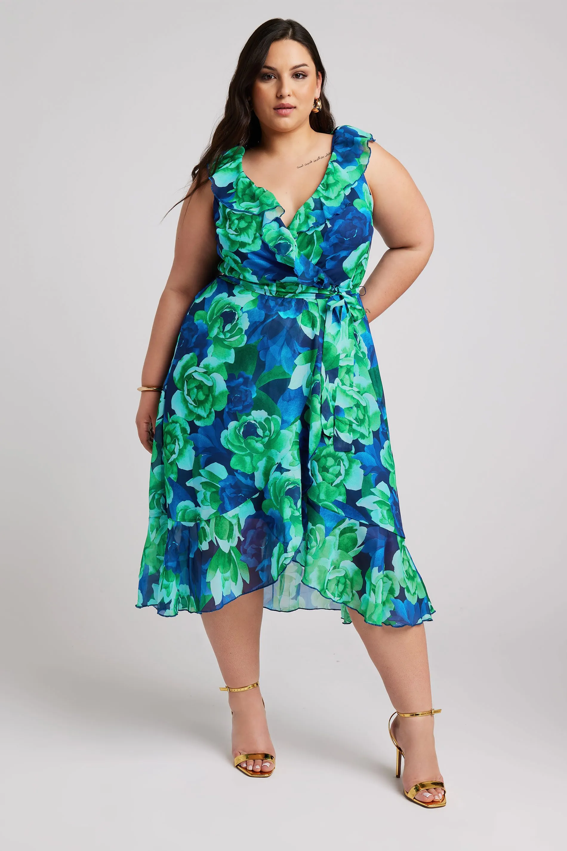 YOURS LONDON Curve Green Floral Print Ruffle Wrap Dress