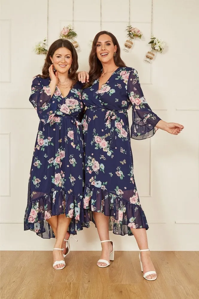 Yumi Navy Floral Wrap Dress With Dipped Hem